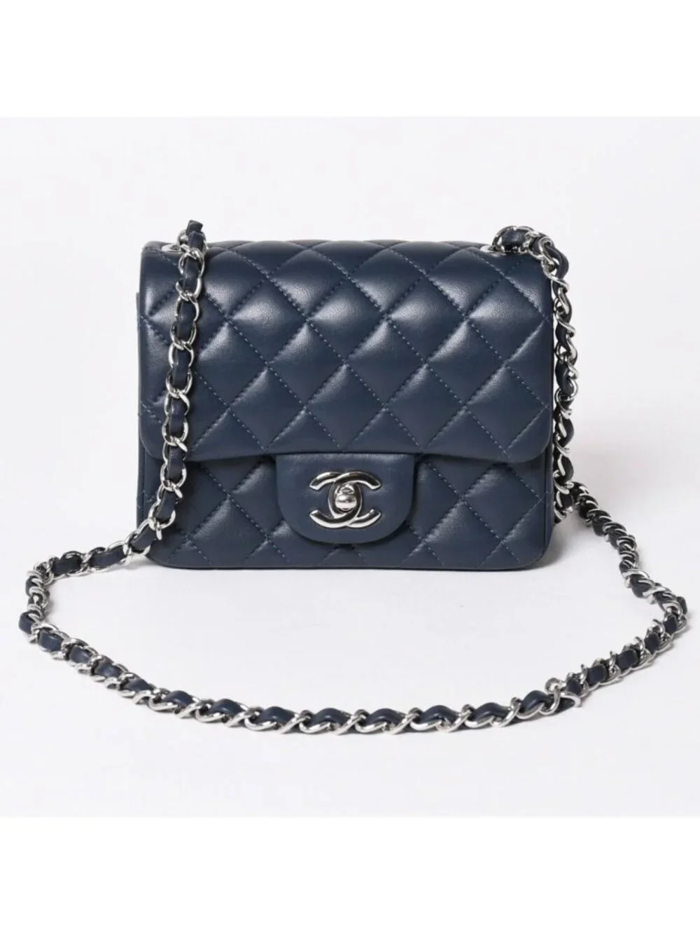 Chanel Mini Quilted 17 S Flap S Chain Shoulder Bag CC Logo Lambskin Blue Silver